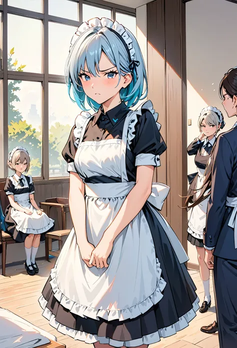 best quality, masterpiece,  Franziska vkarma, Solitary, 1 Girl,,Awkward, maid headdress, maid apron, maid, For the audience, annoyed,