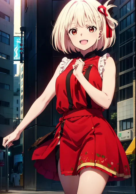 chisatonishikigi, Chisato Nishikigi, short hair, bangs, blonde, (Red eyes:1.5), Hair Ribbon, One side up, Bobcut,happy smile, smile, Open your mouth,
Open your mouth, Red sleeveless dress,Bare arms,Red long skirt,Cute Sandals,whole bodyがイラストに入るように,Daytime,...