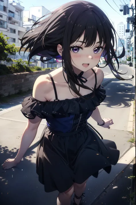 Takiuchi, Check it out, Long Hair, bangs, Black Hair, (Purple eyes:1.2),happy smile, smile, Open your mouth,Off-the-shoulder blue dress,Expose your shoulders,bare clavicle,Bare neck,Bare arms,blue long skirt,Cute heeled sandals,Real Summer,Daytime,sunny,My...