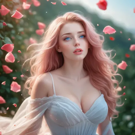 (best quality, realistic, ultra-detailed), a beautiful woman, large breasts, looking up, hair blowing in the wind, and red rose petals falling. perfect makeup, detailed eyes, and lips, long flowing pink hair and blue eyes, graceful pose, vibrant colors, so...