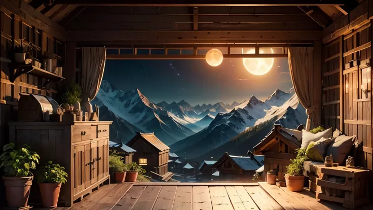 moon　mountain　wooden shed　lots of plants　night　mountain賊　animal skins　room　tattered　dilapidated　stuffed animals　animal bones　her...