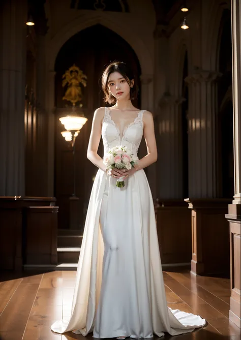 Beautiful 25 year old  woman。She is wearing a wedding dress. She is smiling on illuminated by the evening church lights on the romantic sunset time.  her dark brown short length hair. High resolution、masterpiece、highest quality、頭w:1.0、((Hasselblad Photos))...