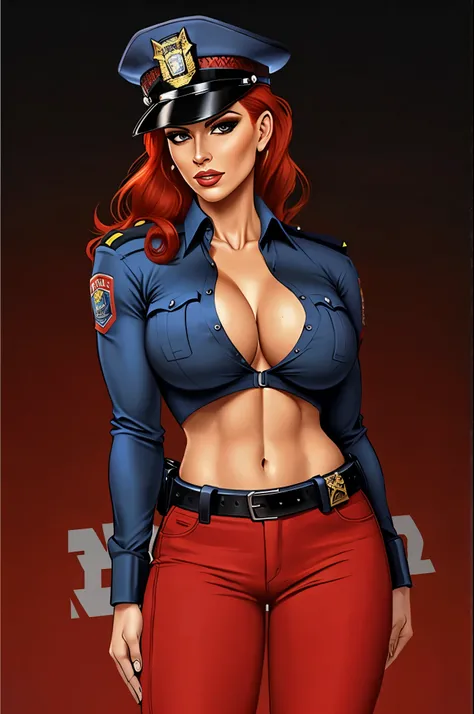 Busty cop, sexy uniform. realistic, red hair, short shirt, midriff
