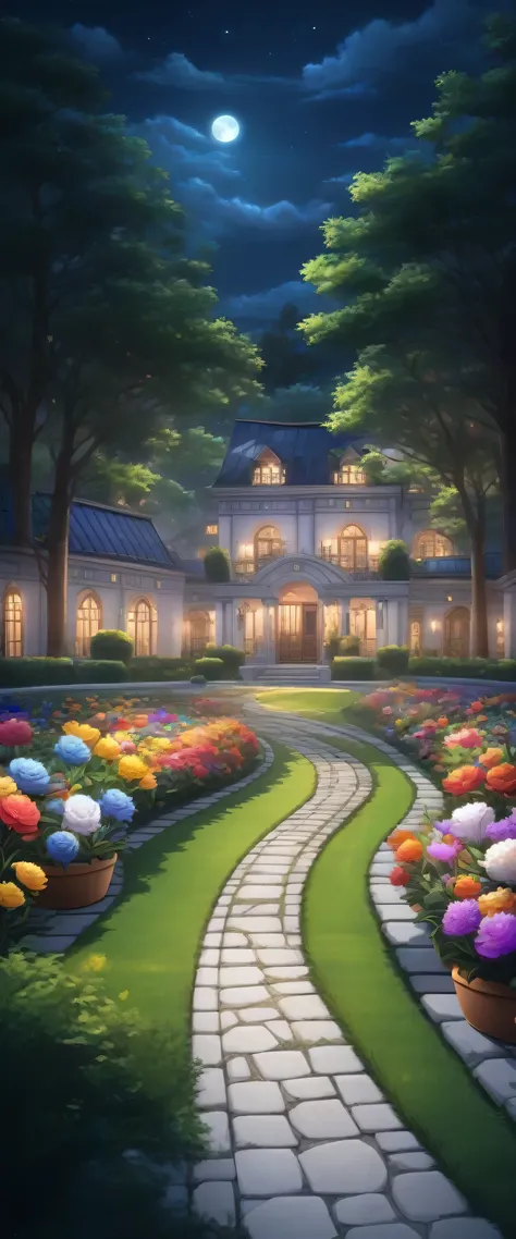 luxury mansion, many trees, colorful garden, flower pots, white stone path, green grass, dark night, stars, moonlight