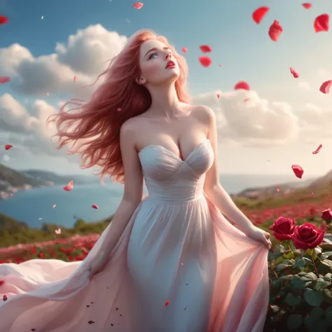 (best quality, realistic, ultra-detailed), a beautiful woman, large breasts, looking up, hair blowing in the wind, and red rose petals falling. perfect makeup, detailed eyes, and lips, long flowing pink hair and blue eyes, graceful pose, vibrant colors, so...