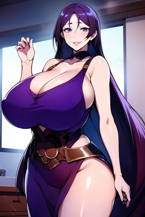 An anime-style artwork depicting minamoto no raikou from the game fate.

Tags: hmmr1,  anime, detailed eyes, detailed lips, ass, (purplish blue hair), purple eyes, bare shoulders, (minidress:1.2), cleavage, long hair, solo, huge breasts, smiling expression...