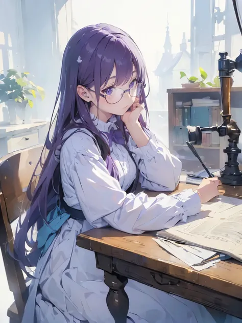 (White Background:1.5)A girl wearing glasses doing research in her study, Sitting at the table、Beautiful and detailed, Purple long hair, Pale purple eyes, Princess Dress,Impressionist art