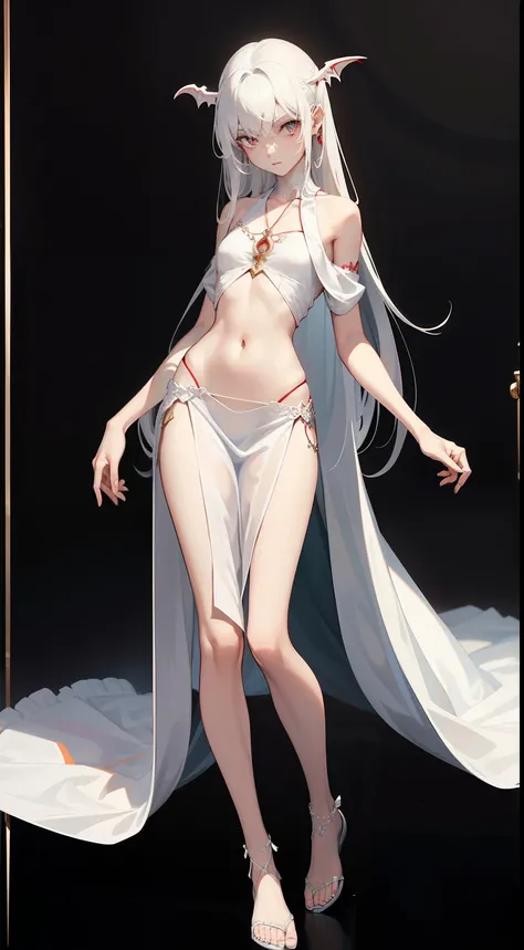 ((best quality)), ((masterpiece)), (detailed), perfect face, Character design, female, long white grey hair, wearing a white angelic dress, red grey eyes, small frame, very skinny, detailed, best quality, no accesoires around the neck, no shoes, prominent ...