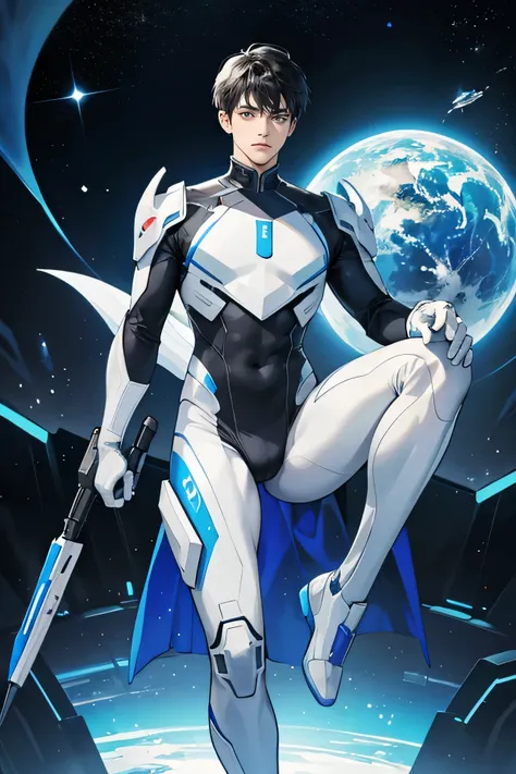 Handsome 18 year old　Very short, cropped black hair　　cyborg　future　universe　Science fiction　The background is the galaxy universe　looking at the camera　From the feet to the whole body　White and blue armor　White rubber suit　Plug Suit