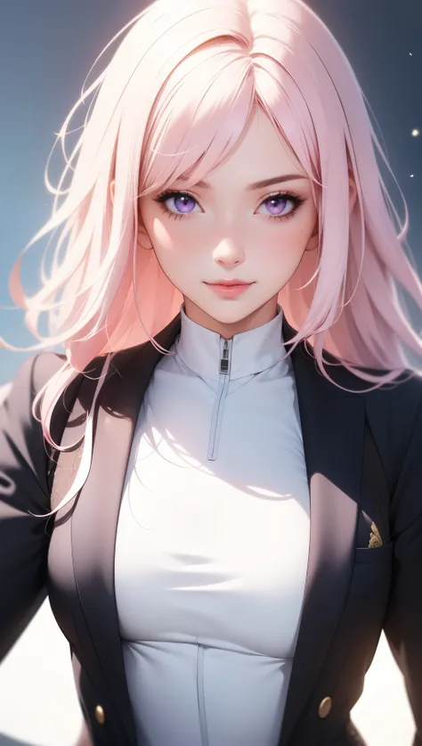 (masterpiece, best quality), intricate details, thin, ((slim)), beautiful girl, Light pink hair, white skin, light purple eyes, sharp jawline, cropped jacket, messy hair, lips, upper body, close up, smirk