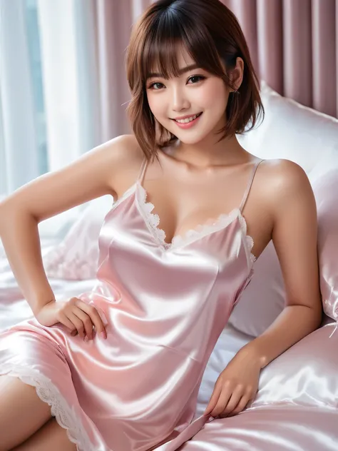 masterpiece, 1 woman per 1photo, full body shot, front view, a Japanese young pretty woman, hyper pretty face, 18 years old, short length hair, sitting on a silk bed with a big smile, wearing only a sleeveless silky satin light pink chemise with white lace...