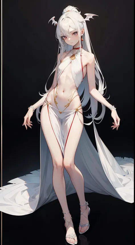 ((best quality)), ((masterpiece)), (detailed), perfect face, Character design, female, long white grey hair, wearing a white angelic dress, red grey eyes, small frame, very skinny, detailed, best quality, no accesoires around the neck, no shoes, prominent ...