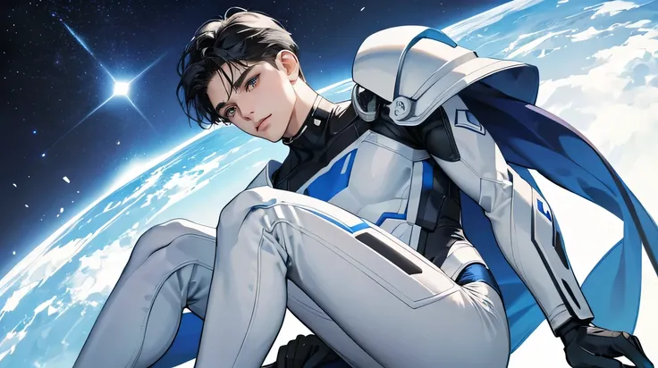 Handsome 18 year old　Very short, cropped black hair　　cyborg　future　universe　Science fiction　The background is the galaxy universe　looking at the camera　From the feet to the whole body　White and blue armor　White rubber suit　Plug Suit