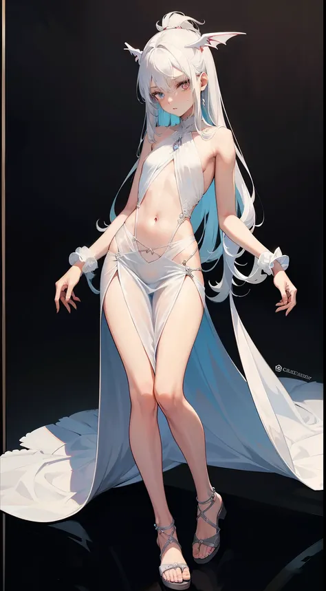 ((best quality)), ((masterpiece)), (detailed), perfect face, Character design, female, long white grey hair, wearing a white angelic dress, red grey eyes, small frame, very skinny, detailed, best quality, no accesoires around the neck, no shoes, prominent ...