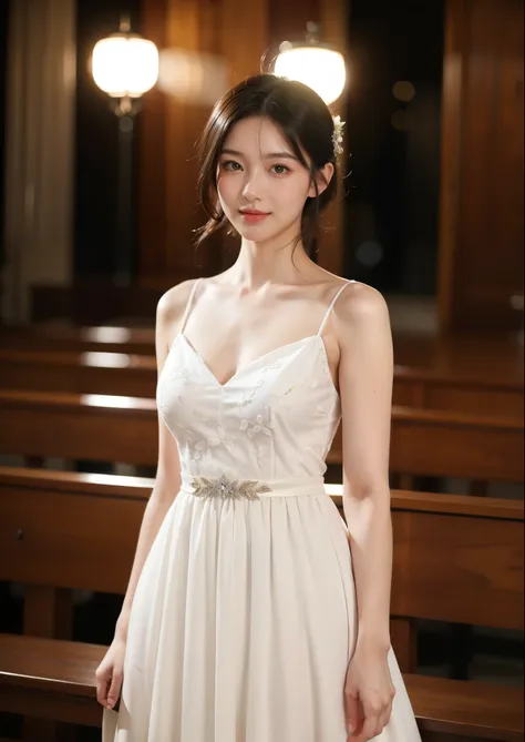 Beautiful 25 year old  woman。She is wearing a wedding dress. She is smiling on illuminated by the evening church lights on the romantic sunset time.  her dark brown short length hair. High resolution、masterpiece、highest quality、頭w:1.0、((Hasselblad Photos))...