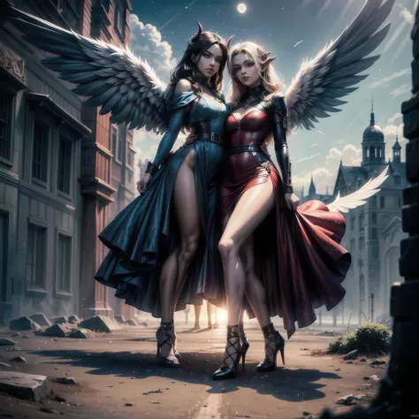 ((a picture of 2 women 1angel and 1demon), (highest quality, masterpiece, High resolution), 16K, fantasy art, RPG art BREAK a (1female angel: 1.3) , wearing dress, pale skin, best details beautiful face , (blond: 1.2) hair, long hair wavy hair (blue: 1.1) ...