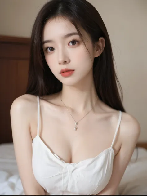 Film portrait photography, 2 girls, Bare shoulders,Lipstick，（flat chest：1.4）， Wear a necklace，Cute expression,Exquisite makeup，Red suspenders，serene, calm, (Realistic and detailed eyes, Natural skin texture, Realistic facial details), Big breasts：1.6，Big B...