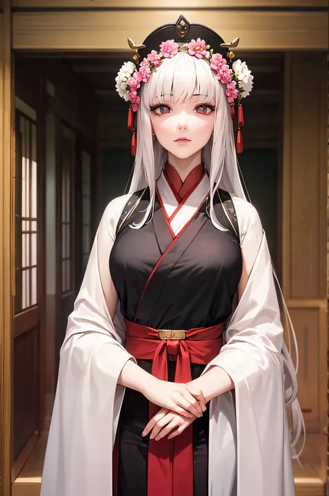 A woman in her fifties wearing a pink dress and a flower crown on her head, Color photos inspired by the Run In, CG society hot topic, realism, Hanfu, palace ， a girl in Hanfu, ancient Chinese Princess, Beautiful Fantasy Empress, Ancient Chinese Art Styles...