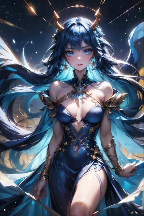 ( absurd , high quality , Super detailed, careful hand )Constellation-Sagittarius Goddess , Similar to Latin goodness . optimistic, fair, Funny and intelligent face . reckless, Ruthless, impatient, Overconfident style . Deep blue eyes (Eye details) , Dark ...