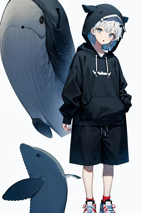 1.Whale Hat、juvenile、whole body、cool、（White background）、hoodie、Shorts、