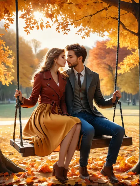 a photo of two people，a couple sitting on a swing in autumn，passionate kisses，stunning scenery，golden autumn leaves，beautiful de...