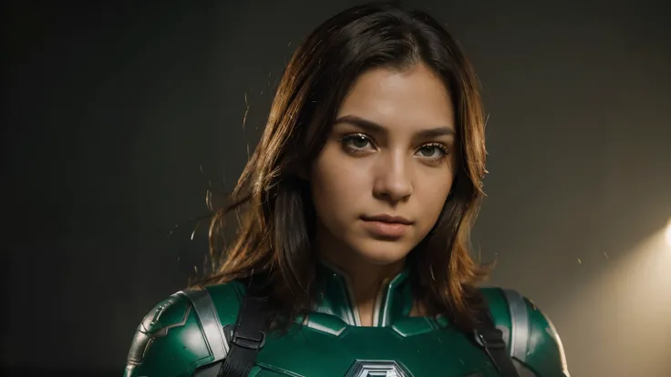 (melhor qualidade,high resolution,ultra-detalhado,realista),retratos,painel de quadrinhos,Uma garota com cabelo laranja, green eyes and a heroic personality,1 garota,olhos e rosto detalhados,beautiful detailed lips,black and green hero costume,confident an...