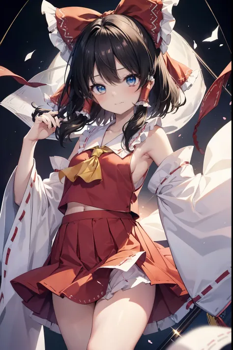 hakurei_reimu、blush,smile、Black Hair、Miko costume、Primary school students、The back is very small、Lolita、Small breasts、Please show me your armpits、exterior: 14 years old、Shoulder Bare、The clavicle is visible、Sexy thighs、Beautiful legs、Usual hairstyle、highes...