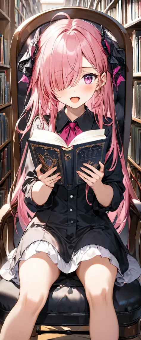 ((reading style)) 13 yo, solo:1.3 (((hair over eyes))) (pink hair long hair cute girl, cute pink eyes, blushing face, open mouth) is (holding a book of Necronomicon on hands), sit down on chair, BREAK, (in the library, perfect anatomy, masterpiece, best qu...