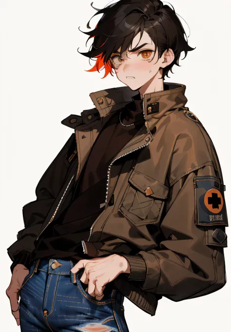 1BOY, cute boy, finely detailed, (best quality), (intricate details), cute style, apocalypse style, dystopian style, combat nurse, multicolored, ((black hair)), best quality, ((oversized jacket and jeans)), ((brown clothes)), ((round eyes)), scared look, c...