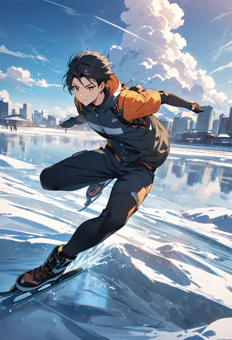 a man (black hair, brown eyes), wearing ice skates, BREAK no other humans, scenic, masterpiece, best quality, Illustration, BREAK daylight (clouds and sunlight), cityscape with tall buildings, ice lake, BREAK gliding on ice, skating on ice, running on ice