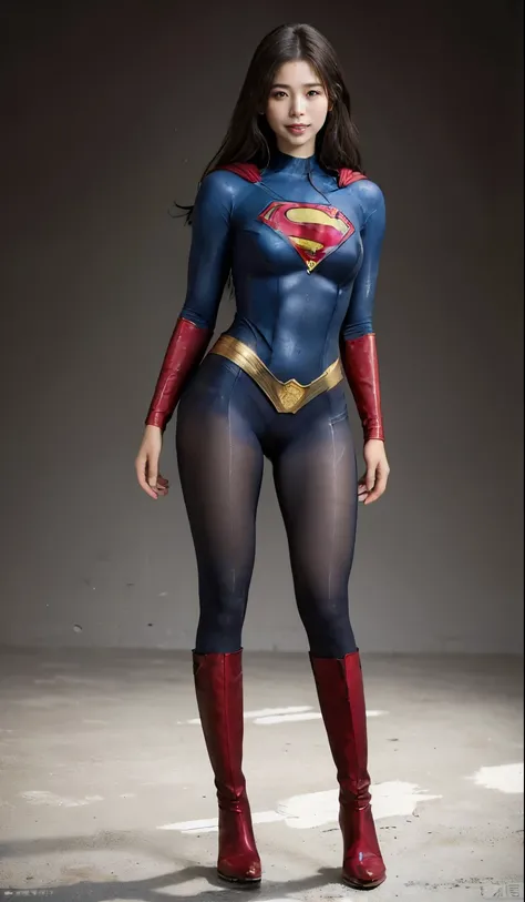 No background、(((Beautiful legs in black tights.)))、(((Legally express the beauty of your smile)))、((((Make the most of your original images)))、(((Supergirl Costume)))、(((Beautiful Hair)))、(((suffering)))、(((Please wear black tights....、Wear red boots)))、(...