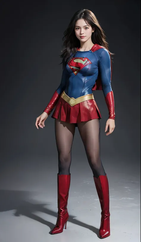 No background、(((Beautiful legs in black tights.)))、(((Legally express the beauty of your smile)))、((((Make the most of your original images)))、(((Supergirl Costume)))、(((Beautiful Hair)))、(((suffering)))、(((Please wear black tights....、Wear red boots)))、(...