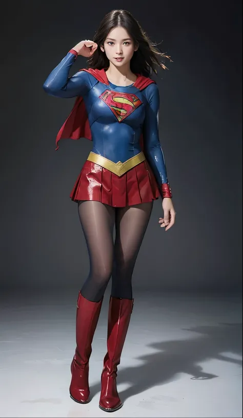 No background、(((Beautiful legs in black tights.)))、(((Legally express the beauty of your smile)))、((((Make the most of your original images)))、(((Supergirl Costume)))、(((Beautiful Hair)))、(((suffering)))、(((Please wear black tights....、Wear red boots)))、(...