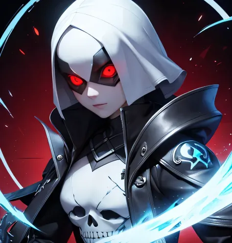Only face, ghost skull with some blu soul like design, circle, silver shining plate on skull, and in skull eye glow the red light
