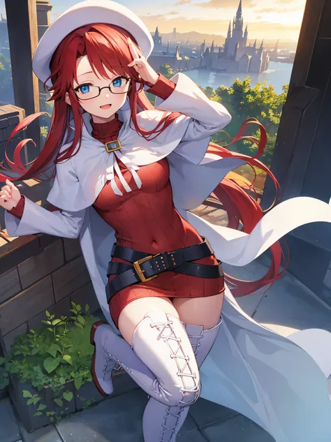 summonnightaty, aty, (young:1.3),long hair, blue eyes, red hair, large_beret, hat, glasses,
BREAK long hair, thighhighs, hat, dress, boots, glasses, belt, cape, sweater, zettai ryouiki, beret, thigh boots, white footwear, ribbed sweater, loose belt,solo,
B...