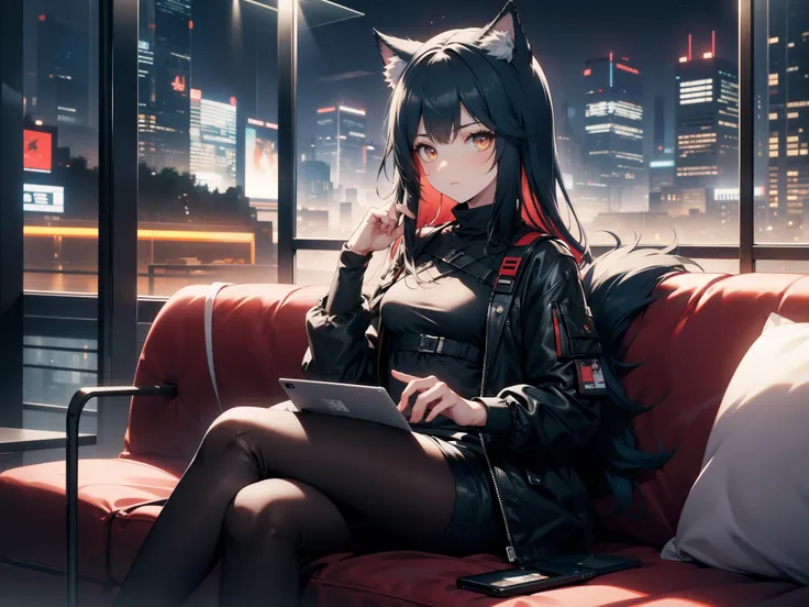 a girl sitting on a sofa inside a cafe while holding a tablet, 1girl, solo, night city, (empty cafe interior), (sitting on a sof...