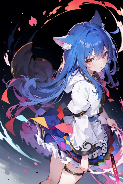 （masterpiece：1.2），Super detailed，lifelike，Expressive eyes，fair skin，perfect face shape，1 girl，
Japanese comics,Gorgeous blue hair,flowing blue hair,flowing clothes,Cat ears,Petals fall,beautiful lola,Baby Angel,
Shaking head with one hand，Cross your legs，G...