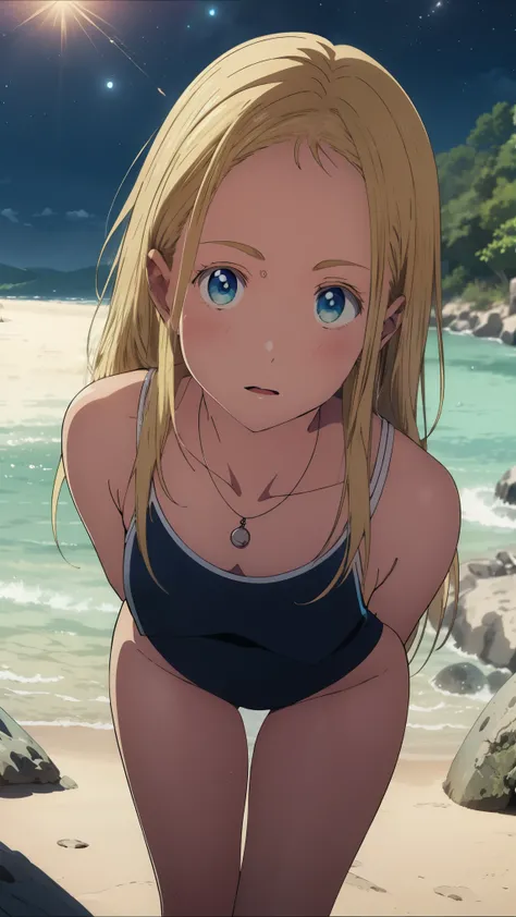 {{kofune ushio}}, {summertime render}, shining sky blue eyes, long blonde hair, medium breasts, blue one-piece swimsuit, bare shoulders, bare legs, school swimsuit, shell pendant, (Top view:1.2),(A face waiting for a kiss:1.3), (blush:1.5), 1girl, solo,ver...