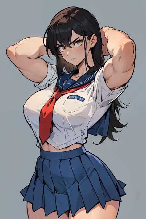 grey background 1girl black hair yellow eyes very long hair pale skin angry (bodybuilder huge breasts muscular toned body curvy wide hips thick thighs) (((school uniform))) (((school uniform))) (((school uniform))) (((school uniform))) (((school uniform)))...