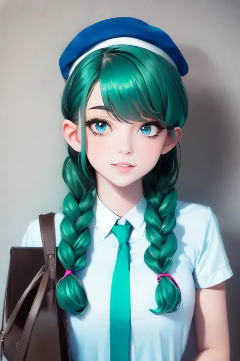 1girl, (bags under eyes:1.5), mint green hair, twin_braid, white beret, white shirt, flower necktie