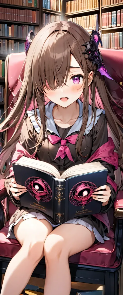 ((reading style)) 13 yo, solo:1.3 (((hair over eyes))) (brown hair long hair cute girl, cute pink eyes, blushing face, open mouth) is (holding a book of Necronomicon on hands), sit down on chair, BREAK, (in the library, perfect anatomy, masterpiece, best q...