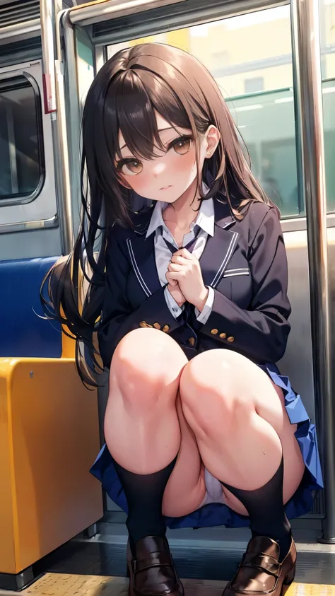 NSFW,4K,Gal:1.3,Anatomically correct,school uniform:1.3,A pure and innocent girl, Very cute face, Like an idol, (masterpiece:1.2), (high quality), panties, loose socks, Hip, Blue Skirt, alone, Blazer Type, loose socks, Lifting clothes, Brown eyes, pure gaz...