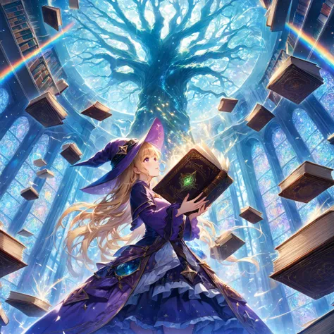 masterpiece, best quality, high resolution, extremely detailed CG, absurdres, 1girl, solo, In a magical space, behind the vertical inlaid glass windows is the huge and ancient Tree of Wisdom, multiple bookcases are floating in the air,  a blonde twinailed ...