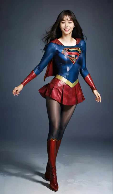 No background、(((Beautiful legs in black tights.)))、(((Legally express the beauty of your smile)))、((((Make the most of your original images)))、(((Supergirl Costume)))、(((Beautiful Hair)))、(((suffering)))、(((Please wear black tights....、Wear red boots)))、(...