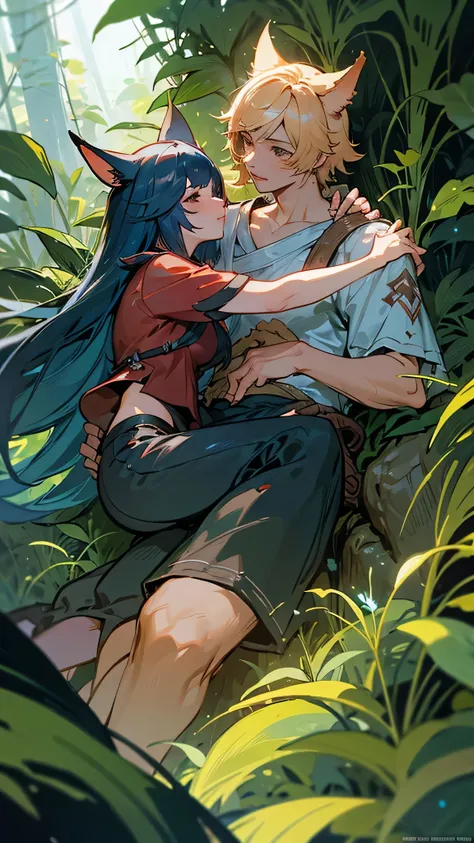 FFXIV Miqote couple in a jungle, final fantasy, beautiful, cute, 