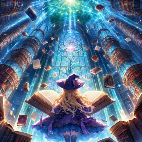 masterpiece, best quality, high resolution, extremely detailed CG, absurdres, 1girl, solo, In a magical space, behind the vertical inlaid glass windows is the huge and ancient Tree of Wisdom, multiple bookcases are floating in the air, a blonde twinailed ...