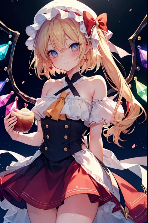 flandre_scarlet、blush,smile、Blonde、Half Bob Hair、Primary school students、The back is very small、Lolita、Small breasts、Please show me your armpits、exterior: 14 years old、Shoulder Bare、The clavicle is visible、Sexy thighs、Beautiful legs、Usual hairstyle、highest...