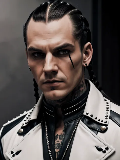 1man, assassin vampire, red drip tattoo around eyes, pale white skin, slick back hair with braided sides, full hairline, no wrinkles, facial piercings, black studded leather jacket, looking forward, Hyperrealistic DnD portrait, symmetrical portrait. 