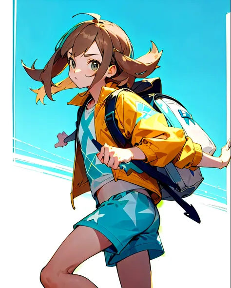 Pokemon style drawing. light brown hair, straight hair, dark eyes. Turquoise jacket, blue shorts, white sneakers. With tye dye backpack.