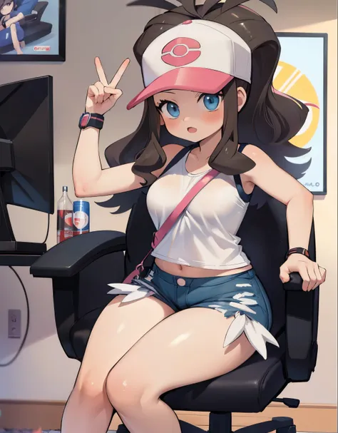 una chica sentada en una silla gamer frente a una computadora, def1, chubby thighs, ella esta aburrida, she is inside a room full of comics, video juegos y figuras de estilo anime, gamer room, energetic drinks.